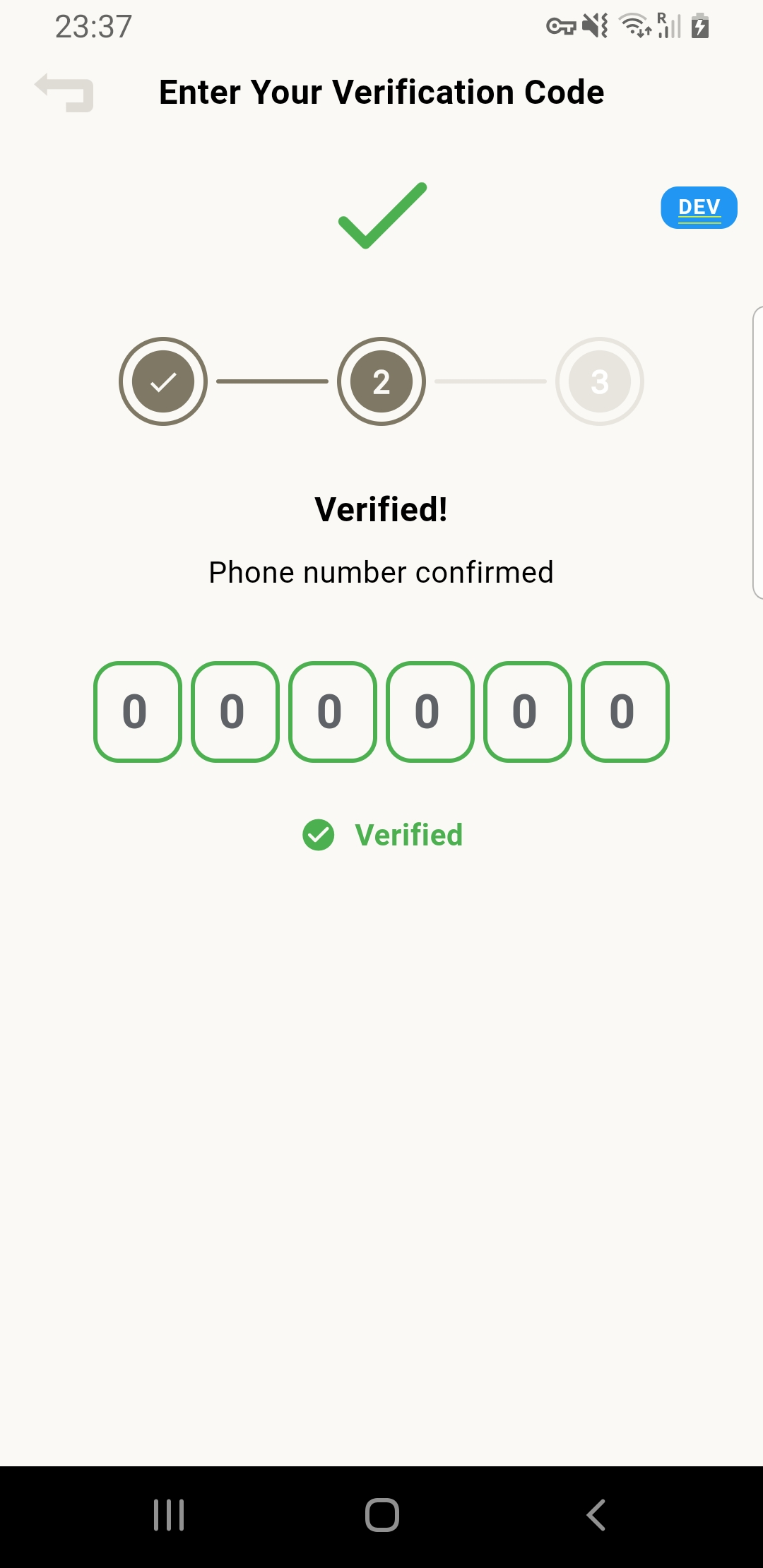 Safewire wallet "Enter Your Verification Code" screen where the user enters the six-digit code they received — shown after entry, with the code accepted and the phone number confirmed as Verified.